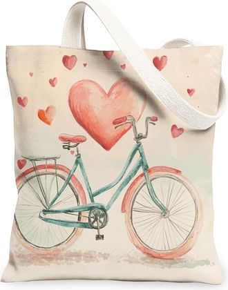 Generic Bike Heart Canvas Tote Bags, Vintage Floral Pattern Reusable Grocery Bags, Lightweight Washable Shoulder Strap Canvas for Gym Outdoor Travel Picnic 13