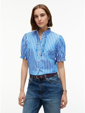 Tommy Hilfiger Womens Ruffle-Trim Striped Poplin Shirt - Vibrant Blue - XL