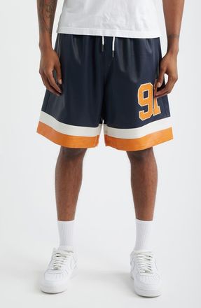 Criminal Damage Stadium Perforated Faux Leather Shorts in Navy/Orange/Ecru at Nordstrom, Size Xx-Large