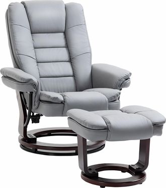HOMCOM Swivel Manual Recliner and Footrest Set PU Leather Lounge Chair Grey | TJ Hughes