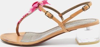 Lanvin Light Brown/pink Leather And Fabric Bow Thong Ankle Strap Sandals