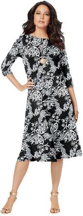 Roaman's Plus Size 3/4 Sleeve Boatneck Swing Dress in Black Lace Paisley at Nordstrom, Size 28