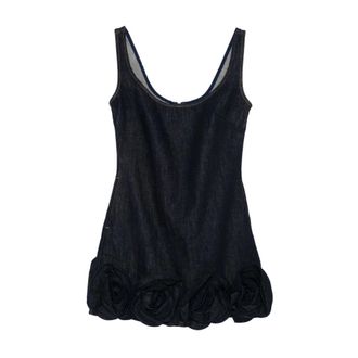 Self Portrait Kleedjes, Dames, Blauw, XS, Denim, Denim Mini Jurk Met 3D Bloemen