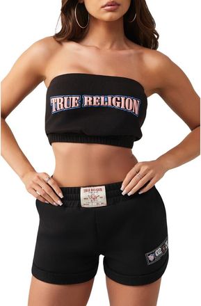 True Religion Puff Print Fleece Bandeau Top in Jet Black at Nordstrom, Size Xx-Large