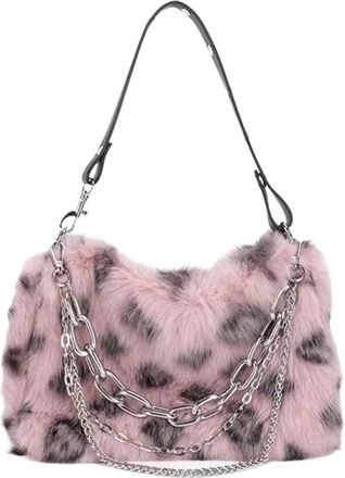 Generic Womens Plush Bags Faux Fur Leopard Shoulder Bag Womens Autumn Winter Chain Handbags Ladies Print Clutch Purses Fluffy Top Handle Bags(Pink)