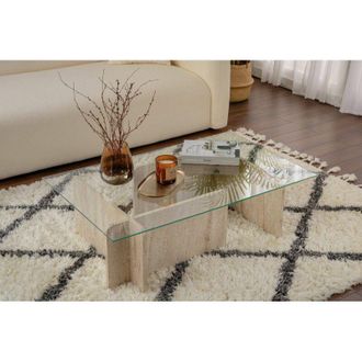 Dmora Mesa De Caf&eacute; Rhysand, Mesa De Centro Baja, Revistero Para Sof&aacute;, Estante De La Sala De Estar, 105x65 H30 Cm, Beige Y M&aacute;rmol - Dmora