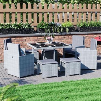 Home Discount Cuba Rattan Garden Furniture 8 Seater Folding Dining Set Outdoor Table & Chairs, Grey-With-Cover