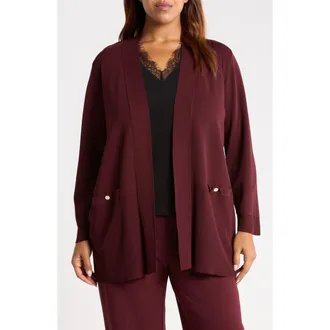 Anne Klein Pocket Open Front Cardigan in Barolo at Nordstrom, Size 2X