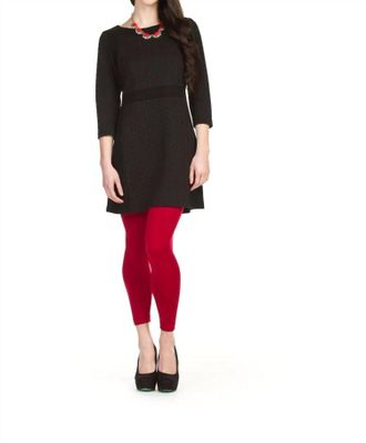 Papillon Leaf Design Embossed 3/4 Sleeve Panel Dress In Black