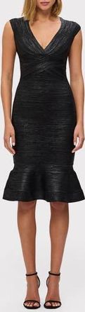 H&eacute;rve L&eacute;ger The Metallic Sophie Bandage Midi Dress in Black Foil at Nordstrom Rack, Size Xx-Small