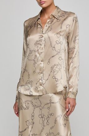 L'agence Tyler Long Sleeve Silk Button-Up Shirt in Soft Macadamia Horsebit Chain at Nordstrom, Size Xx-Small