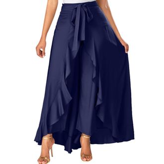Generic Womens Trousers Stylish Tie Waist Irregular Ruffle Hem Culottes Split Long Skirts Elegant Flowy Wide Leg Palazzo Trouser for Summer Casual Work Wear M
