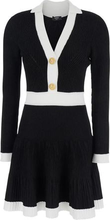 Balmain Zwarte V-Hals Gebreide Flare Jurk - Dames - Korte kleedjes - Zwart - S - Polyester - Kleedjes