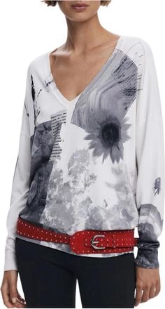 Desigual Witte Viscose Dames Trui Gotemburgo - Dames - V-hals truien - Veelkleurig - XS - Truien & Vesten