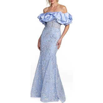 Mac Duggal Beaded Applique Off The Shoulder Mermaid Gown in Periwinkle at Nordstrom, Size 10