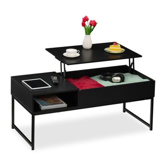 Relaxdays Mesa De Centro Abatible, Mesita Baja, 45x110x50 Cm, Compartimento Lateral Y De Almacenamiento, Metal, Negro - Relaxdays