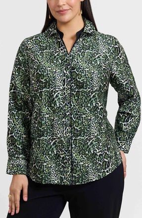 Foxcroft Marlee Leopard Print Cotton Button-Up Shirt in Basil Green/Multi at Nordstrom, Size 16W