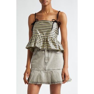 Ganni Shiny Check Print Peplum Top in Lemon Icing at Nordstrom Rack, Size 14 Us / 44 Eu