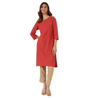 FabIndia Womens Cotton Solid Slim Kurta, Red, M