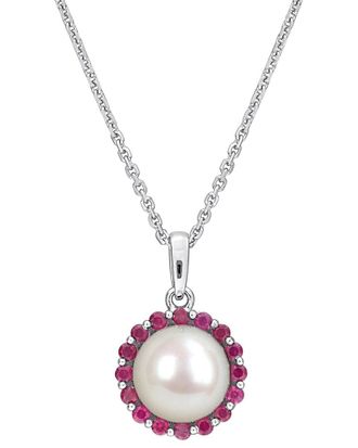 Rina Limor Silver 0.32 Ct. Tw. Ruby & 8-8.5 Mm Pearl Halo Necklace