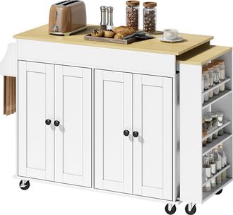 HOMCOM Homcom Isla De Cocina Con Ruedas, Encimera Extensible, 4 Puertas, Estantes Ajustables, Estanter&iacute;a Lateral Abierta, Especiero Y Soporte Para Toallas