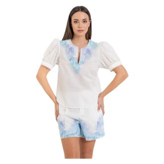 Kocca Blouses, female, White, Size: XL Cotton Blouse with Scalloped V-Neck and Floral Pattern