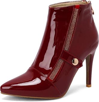 Generic Womens Pointed Toe Stiletto High Heel Ankle Boots Side Zipper Rhinestones Decor Elegant Winter Pumps Shoes (Wine Red,5.5)