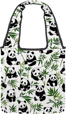 Generic Cute Panda Pattern Reversible Canvas Shoulder Tote - Double-Sided Print, 12oz Cotton, 27cm Drop, Fold-Flat Bag for Travel, Shopping, Street Outings