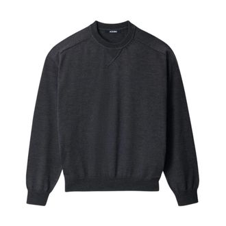 Jacquemus Round-neck Knitwear, male, Gray, XL, Embroidered Logo Jumper in Charcoal Gray