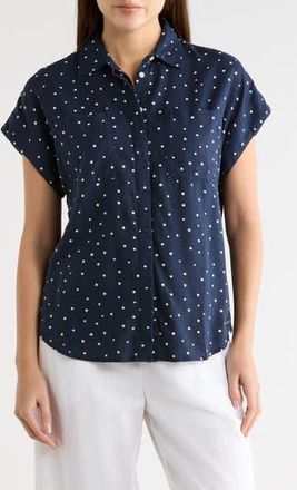 Caslon Double Pocket Linen Blend Camp Shirt in Navy Still- White Cabana Dot at Nordstrom Rack, Size X-Small