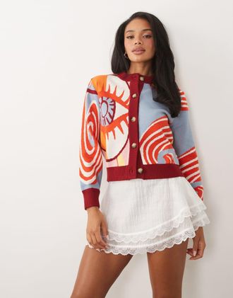 Never Fully Dressed Cardigan in maglia con bottoni e stampa astratta-Multi