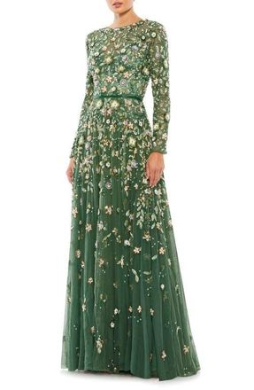 Mac Duggal Embellished High Neck Long Sleeve A Line Gown in Sage at Nordstrom, Size 12