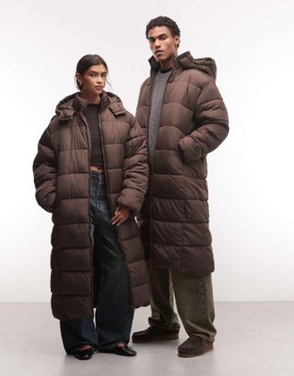 Collusion cappotto piumino unisex lungo con cappuccio, marrone