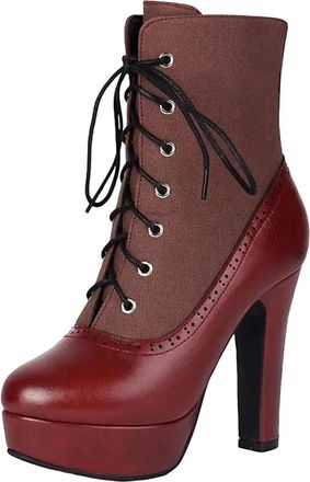 Generic Womens Fashion Party Boots Mid Calf Height Round Toe Super High Block Heel Platform With Lace Up And Mixed Color Design
