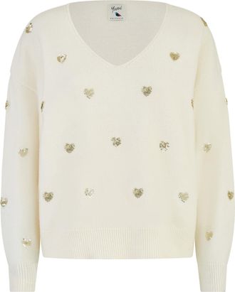 Yumi Cream Sequin Heart V Neck Jumper M/L White
