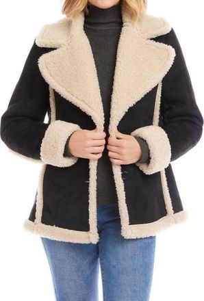 Karen Kane Faith Faux Suede Shearling Jacket In Black And Cream