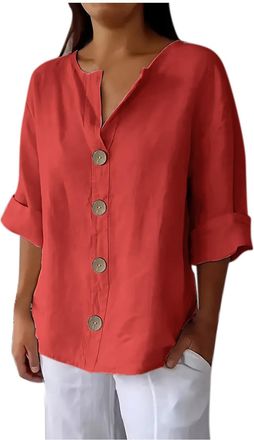 Generic Women Linen Shirt Casual Beach Blouse Sale Clearance Button Down Long Sleeve Shirts Ladies Elegant Office Work Blouses Plus Size Solid Color T-Shirt L