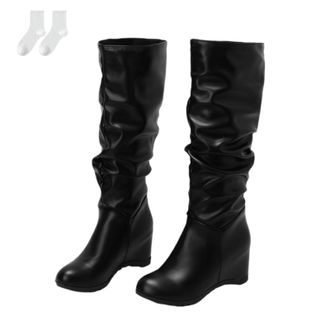 Generic Womens Knee-High Boots in A Leather Look with Wedge Heels, Casual Pull-On Boots with A Ruched Shaft, Comfortable Tall Boots for Everyday Wear, Autumn 