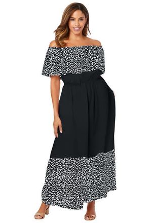 Jessica London Off-The-Shoulder Maxi Dress in Black White Cheetah at Nordstrom, Size 28