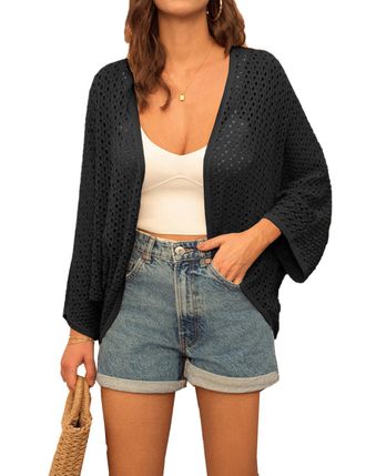 Grace Karin Summer Cardigans for Women UK Lightweight, 3/4 Batwing Sleeve Open Front Crochet Cardigan, Casual Loose Drape Waterfall Beach Cover Up Black