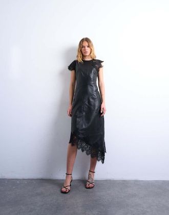 Topshop Vestito midi in pelle nero con spalle accentuate e inserti in pizzo