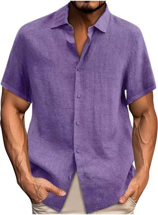 Generic AnnSemo Mens Linen Shirt Short Sleeve Shirts Casual Summer Shirt Regular Fit Cotton Linen Lapel Button Down Dress Solid Color Collar Beach Tops Lightw
