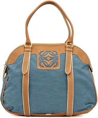 Loewe Beige Blue Nylon Leather Boston Bag Tote Bag (Pre-Owned)