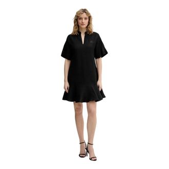 Karl Lagerfeld Jurk met V-hals en korte mouwen van linnen met ruches - Dames - Korte kleedjes - Zwart - XS - Linnen - Kleedjes