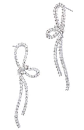 Savvy Cie Jewels RHODIUM PLATED OVER BRASS BOW DROP WITH WHITE CZ EARRINGS
