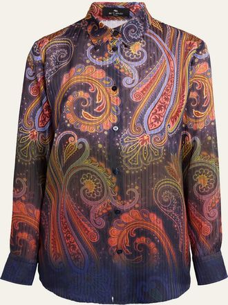 Etro Ombre Paisley-Print Chiffon Button-Down Shirt