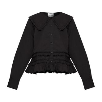 Ganni Shirts, female, Black, Size: XS Stretch Cotton Ruffle Shirt