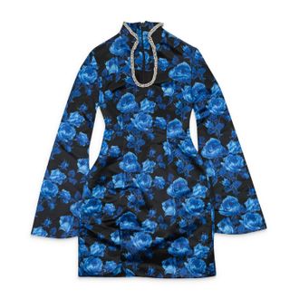 Richard Quinn Womens Pre-Loved Floral High Collar Day Mini Dress In Blue Black Floral