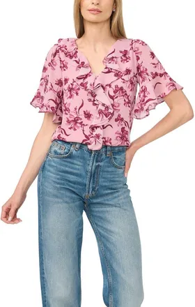 CeCe by Cynthia Steffe Print Ruffle Top in Cameo Blush at Nordstrom, Size X-Large