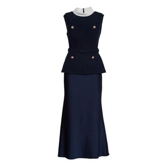 Self Portrait Navy Boucle Midi Dress with High Collar